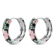 Brass TQ Metall Creolen mit Enamel Flower Silver-black pink