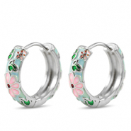 Brass TQ Metall Creolen mit Enamel Flower Silver-pink blue