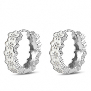 Brass TQ Metall Creolen mit Enamel Flower Silver-white