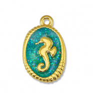 Metall Anhänger DQ Seepferdchen Glitter Turquoise-Gold (Nickelfrei)