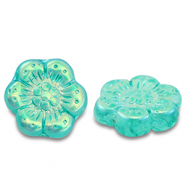 B&ouml;hmische Perlen Boho Flower 14mm Transparent turquoise green-AB coating