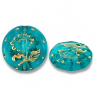 Acrylperlen Rund mit Blume Teal blue-gold
