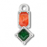 Metall Anhänger DQ Rechteck mit Rhombus Antik silber (Nickelfrei)-dark pink-green