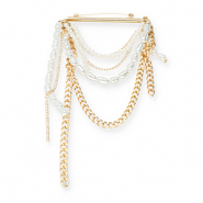 Statement Broschen Stab mit kette und Perlen Gold-white