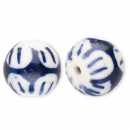 Perlen Keramik 12 mm mit Blume Off white-Delft blue