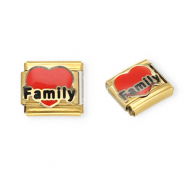 Italian Charm Element aus Stainless Steel - Rostfreiem Stahl Herz "Family" Gold-red-black