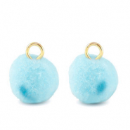 Pompom Anhänger mit Öse 10mm Gold-aquamarine blue