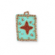 Handgefertigte Stoffanhänger Stern Turquoise-brown-gold