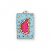 Handgefertigte Stoffanhänger Tropfenform Light blue-fuchsia-gold