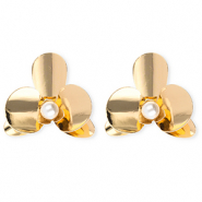 Statement Ohrringe / Ohrstecker Blume mit Imitation Perle mit Rostfrei Stahl-Stecker Gold-white