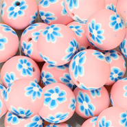 Silikonperlen 18 mm Rund mit handbemalten Blumen Pink-dark blue-white