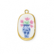 Anhänger Keramik Oval mit Blume Gold-white-blue-pink-green