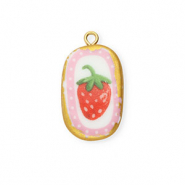 Anhänger Keramik Oval mit Erdbeere Gold-white-red-pink-green