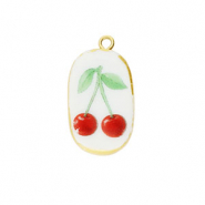 Anhänger Keramik Oval mit Kirschen Gold-white-red-green