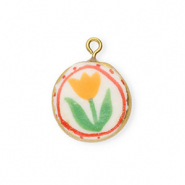 Anhänger Keramik Rund mit Blume Gold-white-red-green-orange