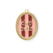 BY31® Eco-brass (nachaltiges Messing) Anhänger mit Enamel Oval Ciao bella"" Gold-light pink-red