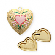 Medaillon Anhänger aus rostfreiem Edelstahl mit Enamel, Herz mit Blumen Gold-pink-green