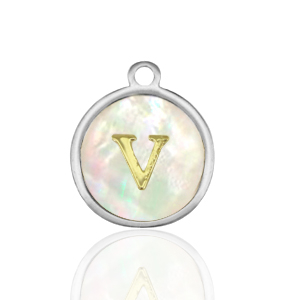 Stainless Steel - Rostfrei Stahl Anh&auml;nger 12mm shell initial V White (Naturliche Farbe Muschel)-silver