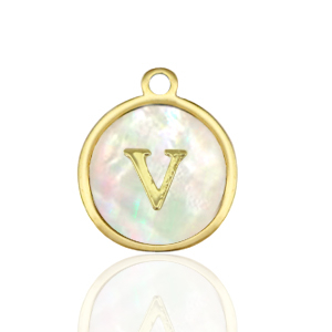 Stainless Steel - Rostfrei Stahl Anh&auml;nger 12mm shell initial V White (Naturliche Farbe Muschel)-gold