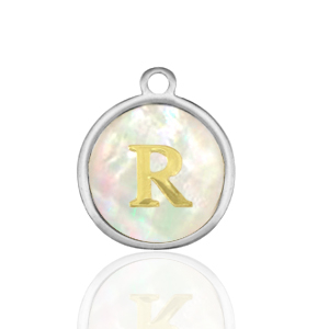 Stainless Steel - Rostfrei Stahl Anh&auml;nger 12mm shell initial R White (Naturliche Farbe Muschel)-silver