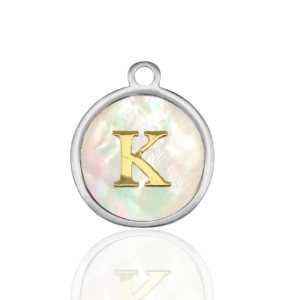 Stainless Steel - Rostfrei Stahl Anh&auml;nger 12mm shell initial K White (Naturliche Farbe Muschel)-silver