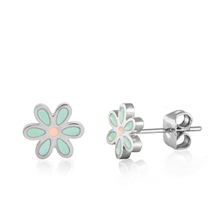 Ohrringe aus Stainless Steel - Rostfreiem Stahl Blume Turquoise-silver