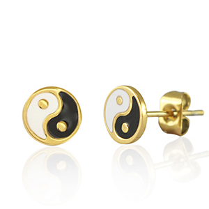 Ohrringe / Ohrstecker aus Stainless Steel - Rostfreiem Stahl Yin & Yang 7mm Gold-black white