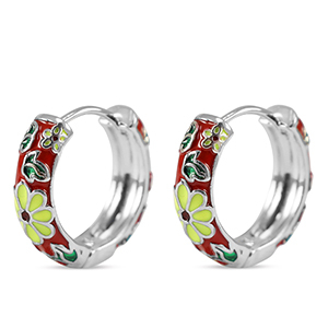 Brass TQ Metall Creolen mit Enamel Flower Silver-red yellow