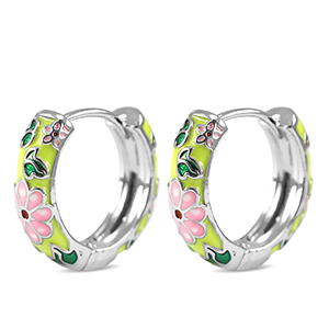 Brass TQ Metall Creolen mit Enamel Flower Silver-pink yellow