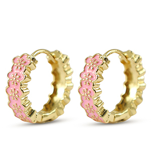 Brass TQ Metall Creolen mit Enamel Flower Gold-pink