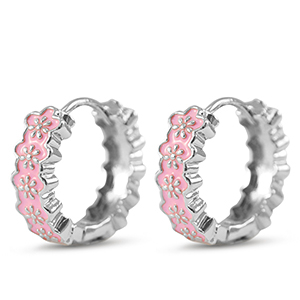 Brass TQ Metall Creolen mit Enamel Flower Silver-pink