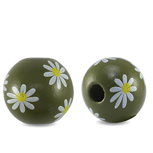 Holzperlen rund 16mm Blume Olive green