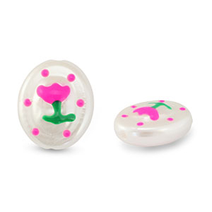 Acrylperlen Oval mit Blume Pearl-pink-green