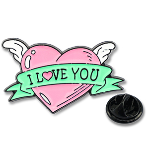 Anstecker Hertz mit Fl&uuml;gel "I love you" Pink-green-white