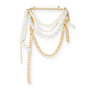 Statement Broschen Stab mit kette und Perlen Gold-white