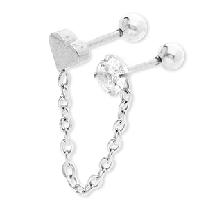 Ohrpiercing aus Stainless Steel - Rostfreiem Stahl Herz mit Kette & Strass Silver-crystal