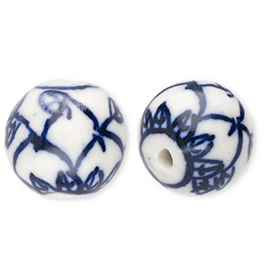 Perlen Keramik 15 mm mit Blatt Off white-Delft blue