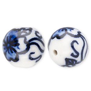 Perlen Keramik 12 mm mit Blume Off white-Delft blue