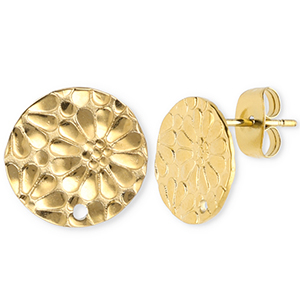 Stainless Steel - Rostfrei Stahl Schmuckzubeh&ouml;r Ohrringe / Ohrstecker Rund mit Blume mit &Ouml;se Gold