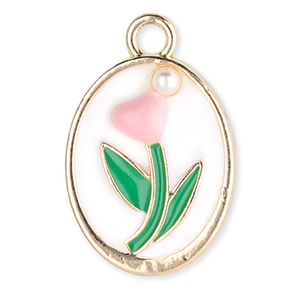 Metall Anh&auml;nger Oval mit Tulpe mit Perle Gold-white-green-light pink