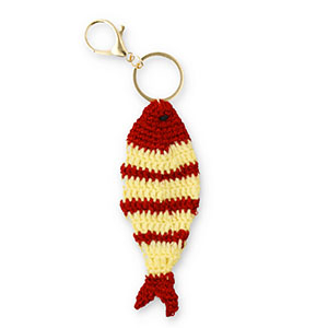 Schl&uuml;sselanh&auml;nger Geh&auml;kelte Fisch Gold-bordeaux red-beige