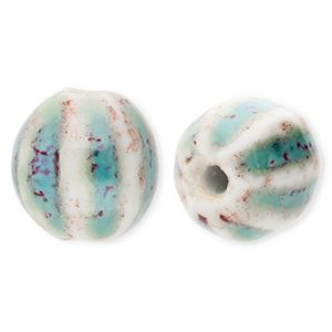 Perlen Keramik 11&nbsp;mm mit Streifen Teal blue-off white-port red