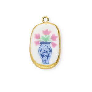 Anh&auml;nger Keramik Oval mit Blume Gold-white-blue-pink-green