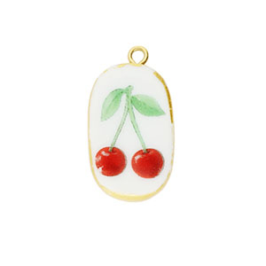 Anh&auml;nger Keramik Oval mit Kirschen Gold-white-red-green