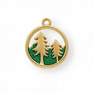 Anh&auml;nger aus rostfreiem Edelstahl mit Enamel, Rund mit B&auml;ume Gold-green