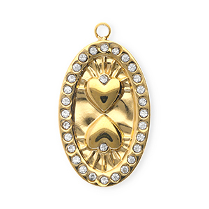 Anh&auml;nger aus rostfreiem Edelstahl mit Strass, Oval mit Herzen Gold-crystal