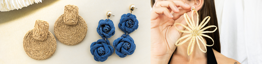 Statement-Ohrringe aus Raffia und Denim Statement-Ohrringe aus Raffia und Denim